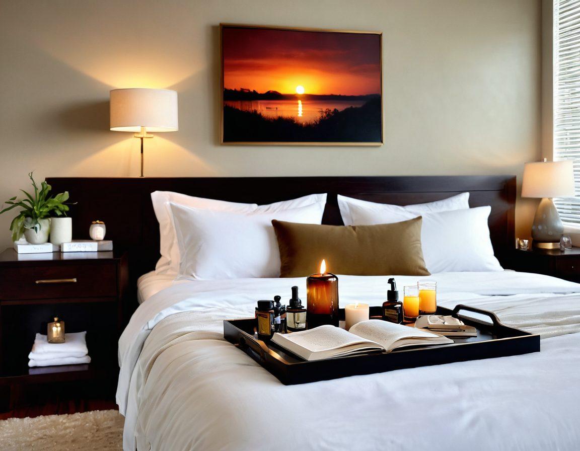 A serene and inviting bedroom scene with soft, warm lighting, featuring an open guidebook titled 'Anal Exploration' on a plush bed. The atmosphere is relaxed, decorated with sensual yet tasteful artwork and soothing colors. Incorporate a set of tasteful accessories representing exploration and comfort, like massage oils and gentle items, while maintaining a sense of intimacy and respect. super-realistic. warm colors. soft focus.